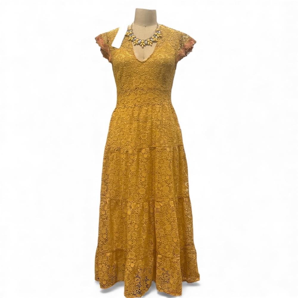 NWT PINKO Macramé Lace Midi Dress – Yellow Lace Dress – Luxury Italian Style - Picture 2 of 10